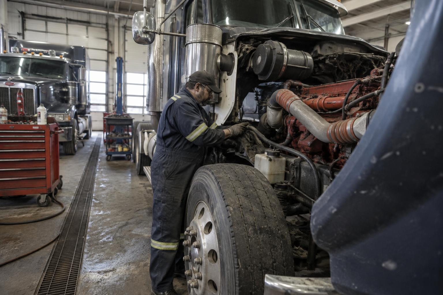 Mécanicien réparant un moteur diesel de camion lourd à Boucherville